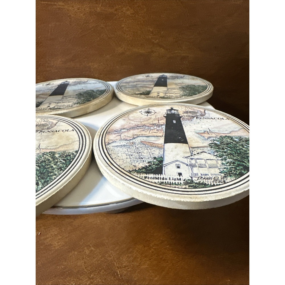 4 Coastal Lighthouse 4"Absorbent Naturestone Coasters USA Cork Back Wood Vintage - Picture 6 of 7
